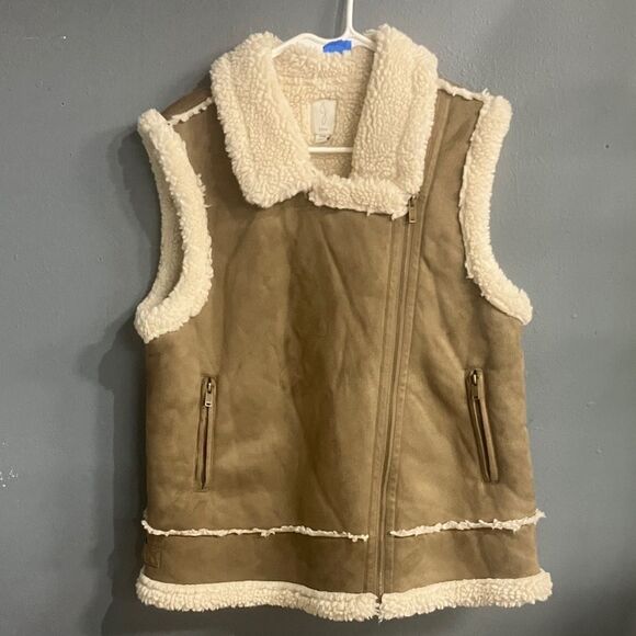 Joie Brown &Cream Shearling suede Vest Gorpcore oversized medium #737 - Picture 7 of 8